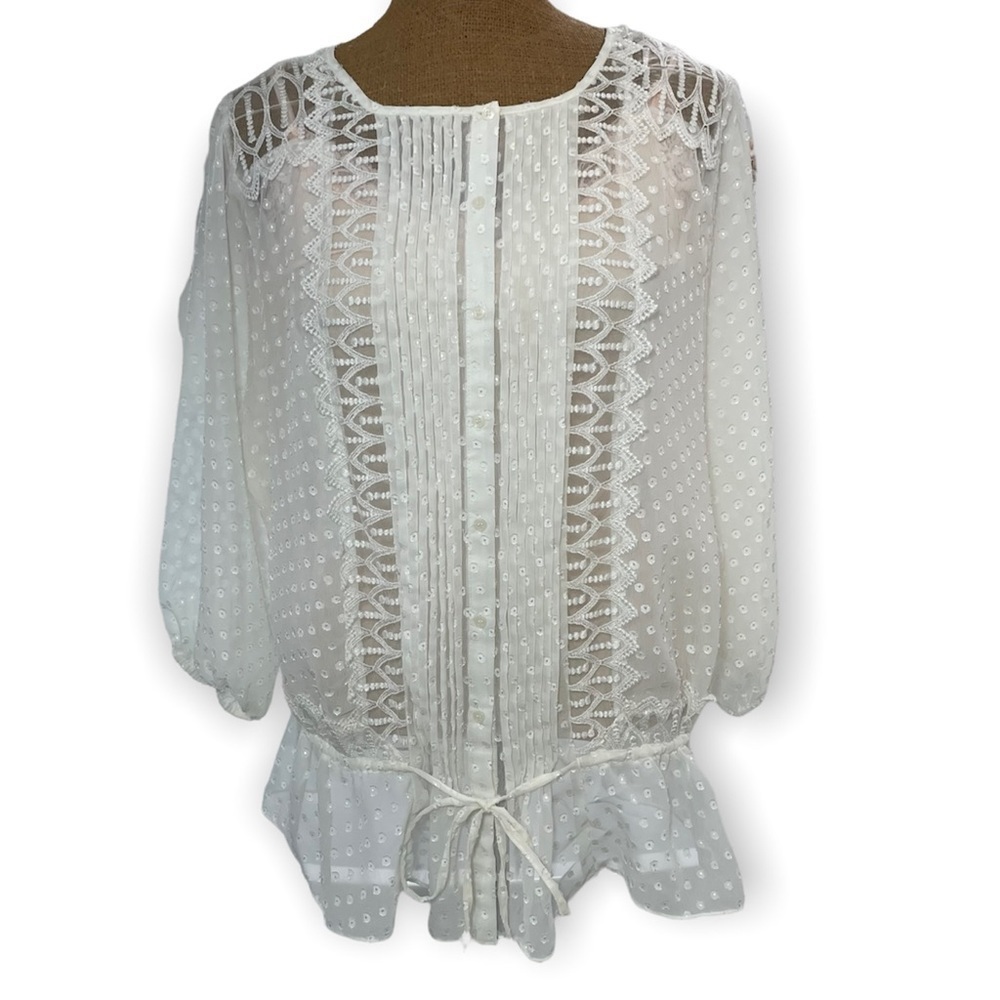 Lace button down drawstring 3/4 balloon sleeve blouse polka dot sheer peplum Med